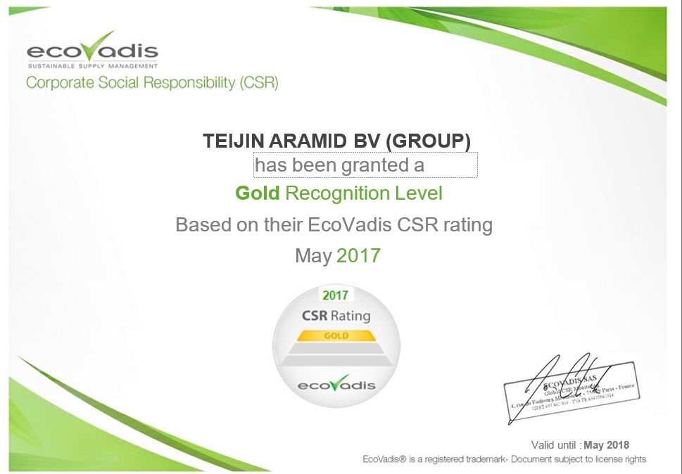 Teijin Aramid Receives Gold Partner Certificate from EcoVadis