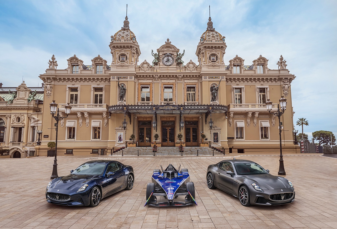 The new Maserati GranTurismo, on display at the Monaco E-Prix in the Place du Casino