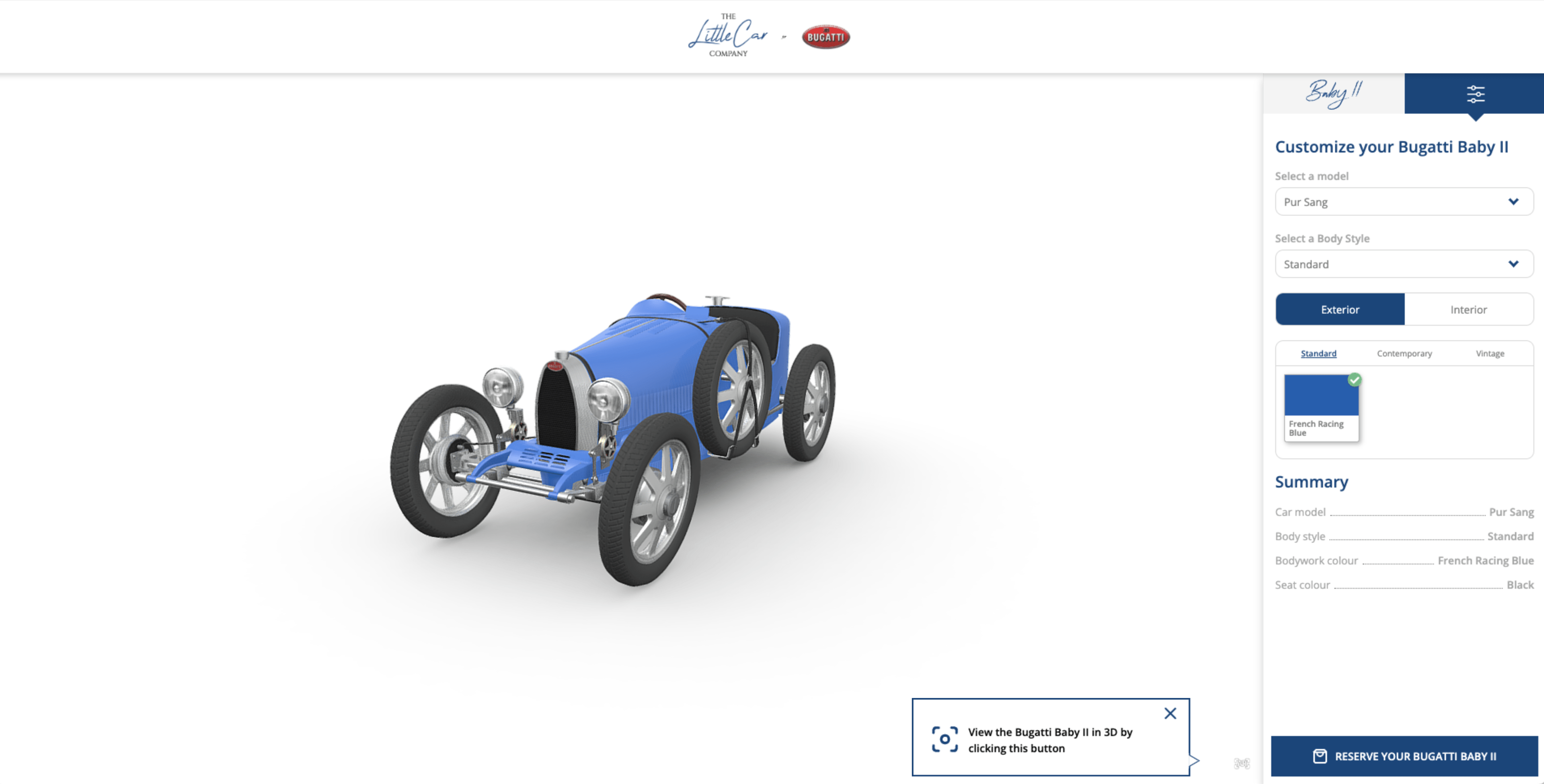Bespoke Bugatti brought to life: The Little Car Company launches cutting-edge Bugatti Baby II configurator